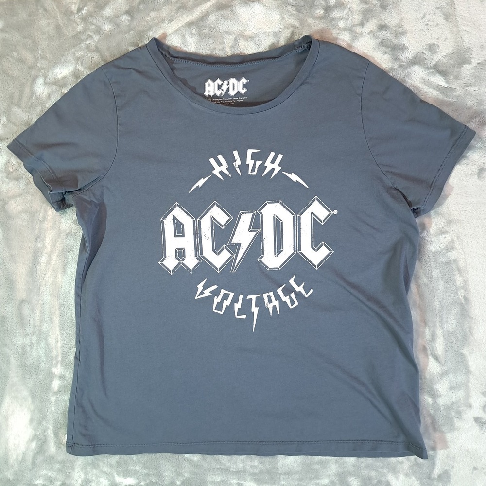 AC/DC Women's XL High Voltage Dark Gray Baby Tee Retro 80s Metal Rock Music